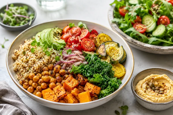 Recipes - Veggie Overvew photo of healthy family dinner with baked potato and chiken and salad with avocado, soybeans and beetroot