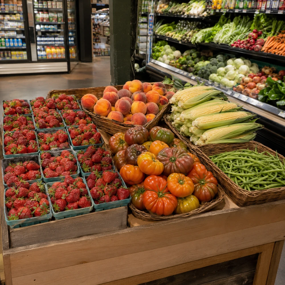 Fresh fruits and vegetables on wooden table. Healthy eating concept. Top view
